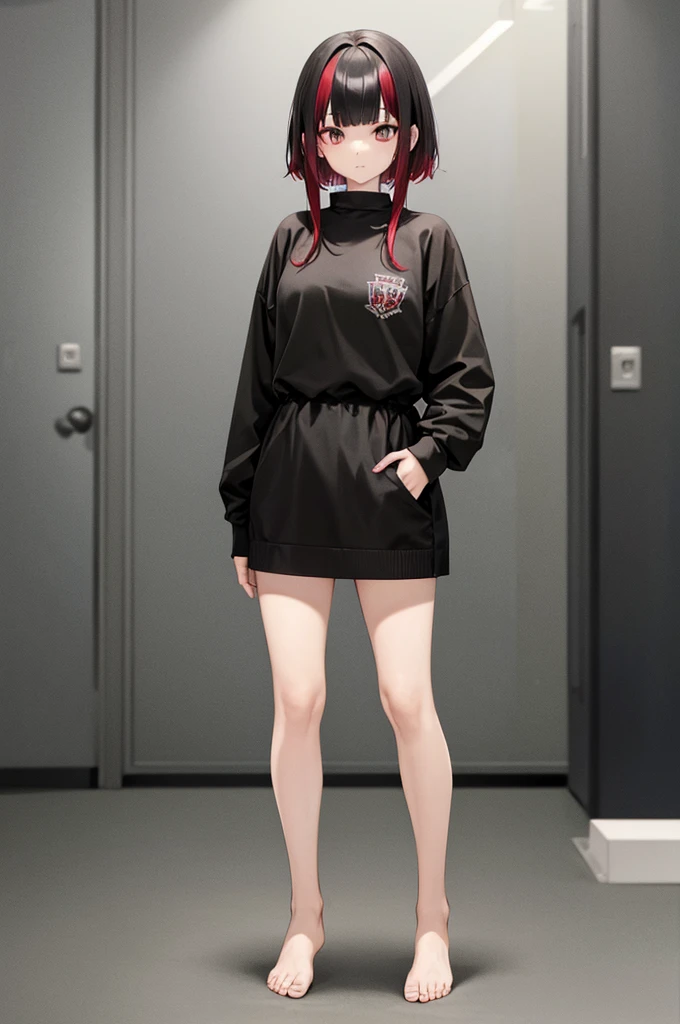 best quality, 1girl, cool, two tone colors black on the outside of the hair red hair inside, standing, fullbody, toe, blunt bangs, shaggy cut