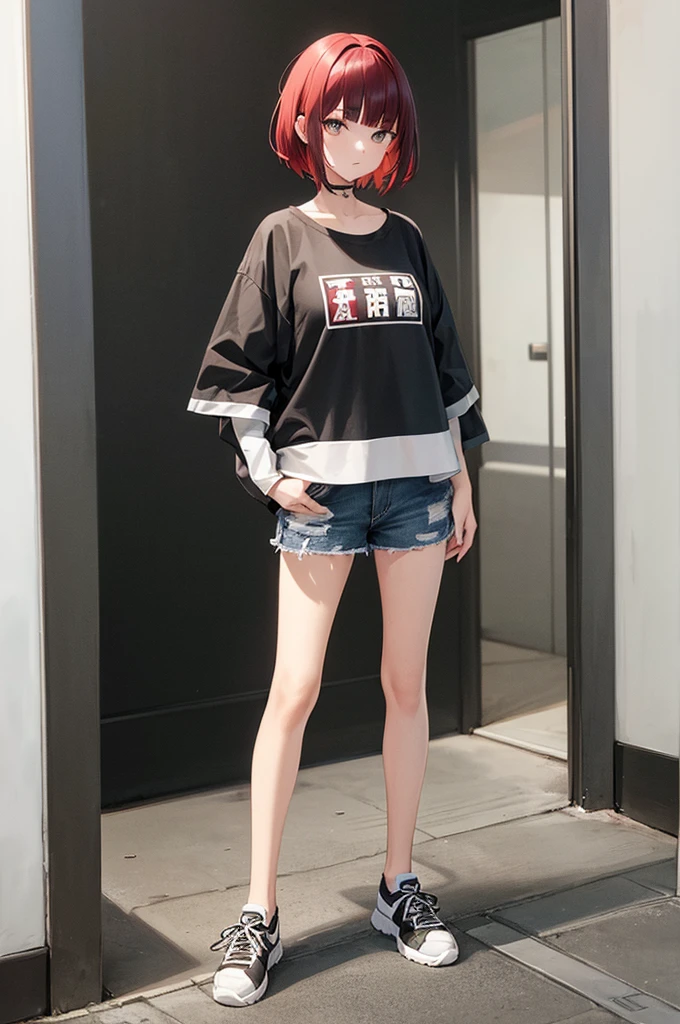 best quality, 1girl, cool, two tone colors black on the outside of the hair red hair inside, standing, fullbody, toe, blunt bangs, shaggy cut