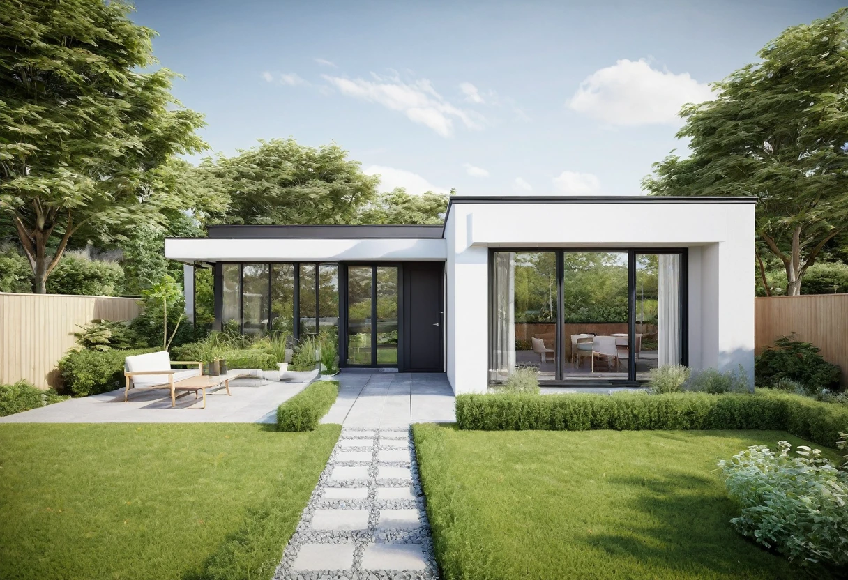 A highly detailed, high-resolution render of a modern garden house with a width of 7 meters. The house features a sloped roof with a white facade and black-framed windows, similar to the provided image. The front yard includes a well-maintained lawn with some greenery and a small porch area with outdoor furniture. Add a stylish fence surrounding the property and an elegant gate at the entrance. Ensure the overall scene captures the serenity and simplicity of the garden house, with emphasis on the clean architectural lines and the harmonious integration with the surrounding garden. The image should be sharp, with a clear depth of field (DOF) to emphasize the details of the house's exterior and the garden elements.