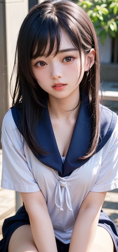 (1 nogizaka girl,15years old face,raw photo,photo realistic:1.5),(best quality, high quality,HDR, highest quality,ultra high resolution,high resolution,high res,ultra high difinition,huge file size,8K,2K wallpaper,8K wallpaper,high quality texture,amazing,an extremely delicate:1.4),one girl, Japanese famous idol,cute face,small face,absurd,ridiculous,incredibly ridiculous,blurry background,(school uniform,sailor suit,shoot from above,short hair,cleavage,no makeup:1.2),medium skin,beautiful skin,detailed skin,black hair,silky hair,black eyes,Japanese nose,5-fingers,(Light Particles, Lens Flare, Luminous Particles: 0.7),looking at viewer,small hands,bright lighting,professional lighting,girl