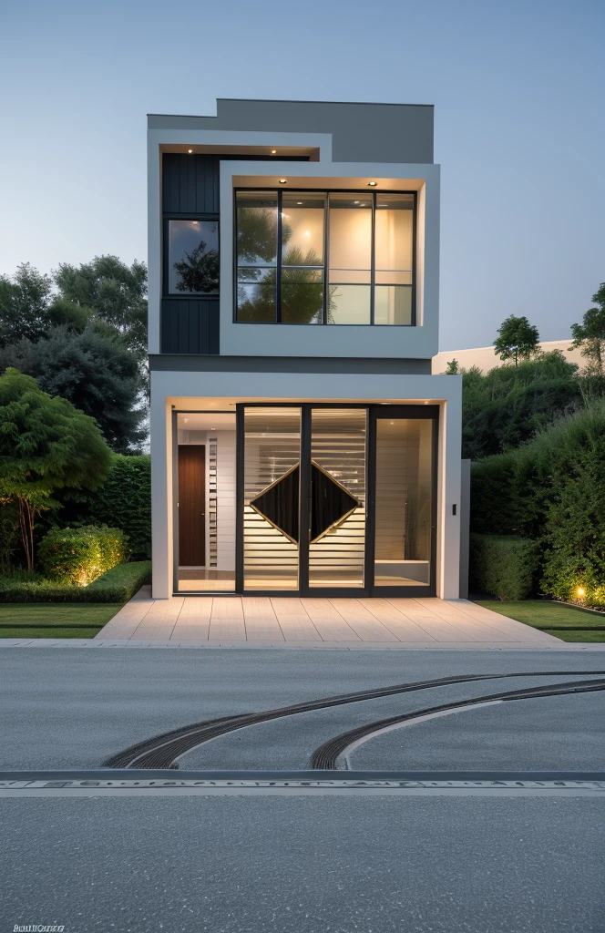 1 morden house, cofe space:1.4, main material by white wall and wood, large yard, 1 road runs in front of the house, (RAW photo, real, best quality, masterpiece:1.2), look morden minimalist, 1 road in front of the house, shime ring light, light brighteness from indoor:1.2, dynamic lighting:1.3, (hyper realistic, photo-realistic:1.2), high quality, (dark lighting:1.2), perfect lighting, archdaily