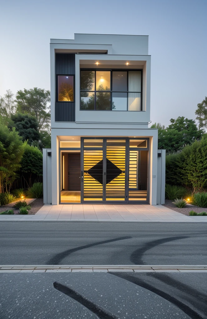 1 morden house, cofe space:1.4, main material by white wall and wood, large yard, 1 road runs in front of the house, (RAW photo, real, best quality, masterpiece:1.2), look morden minimalist, 1 road in front of the house, shime ring light, light brighteness from indoor:1.2, dynamic lighting:1.3, (hyper realistic, photo-realistic:1.2), high quality, (dark lighting:1.2), perfect lighting, archdaily