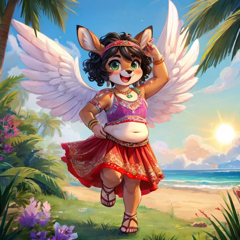 Cute, deer boy, small deer antlers, innocent, chubby, fat, big thighs, androgynous, femboy, short curly hair, black hair, fawn spots, freakles, ((cute)), smiling, wearing cottage core outfit, pastel color scheme, young, cartoony, adorable, deer tail, moss green eyes, angel wings, dynamic pose, excited pose, energetic pose, happy pose, summer, summer weather, summer clothes, sun, wearing a boho-style crop top with embroidery or fringe details with a flowy patterned maxi skirt and flat sandals and a boho headband along with layered necklaces, big hoop earrings, and lots of bangles with round tinted sunglasses, carrying a small backpack, tropical island, tropical paradise, drinking coconut water, 