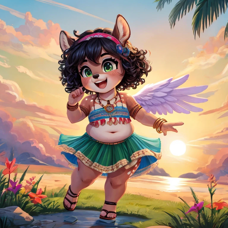 Cute, deer boy, small deer antlers, innocent, chubby, fat, big thighs, androgynous, femboy, short curly hair, black hair, fawn spots, freakles, ((cute)), smiling, wearing cottage core outfit, pastel color scheme, young, cartoony, adorable, deer tail, moss green eyes, angel wings, dynamic pose, excited pose, energetic pose, happy pose, summer, summer weather, summer clothes, sun, wearing a boho-style crop top with embroidery or fringe details with a flowy patterned maxi skirt and flat sandals and a boho headband along with layered necklaces, big hoop earrings, and lots of bangles with round tinted sunglasses, carrying a small backpack, tropical island, tropical paradise, drinking coconut water,