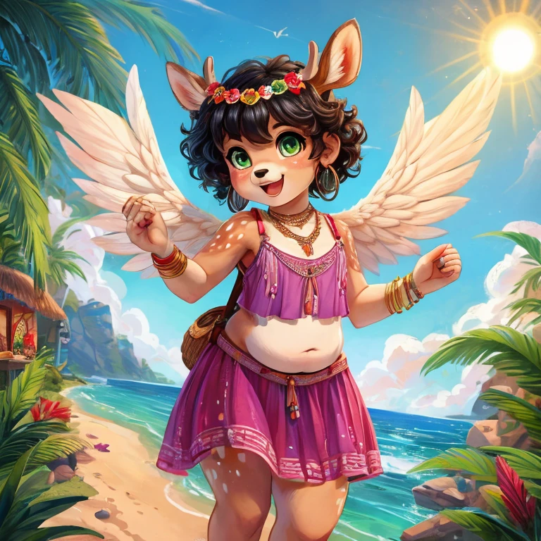 Cute, deer boy, small deer antlers, innocent, chubby, fat, big thighs, androgynous, femboy, short curly hair, black hair, fawn spots, freakles, ((cute)), smiling, wearing cottage core outfit, pastel color scheme, young, cartoony, adorable, deer tail, moss green eyes, angel wings, dynamic pose, excited pose, energetic pose, happy pose, summer, summer weather, summer clothes, sun, wearing a boho-style crop top with embroidery or fringe details with a flowy patterned maxi skirt and flat sandals and a boho headband along with layered necklaces, big hoop earrings, and lots of bangles with round tinted sunglasses, carrying a small backpack, tropical island, tropical paradise, drinking coconut water, 
