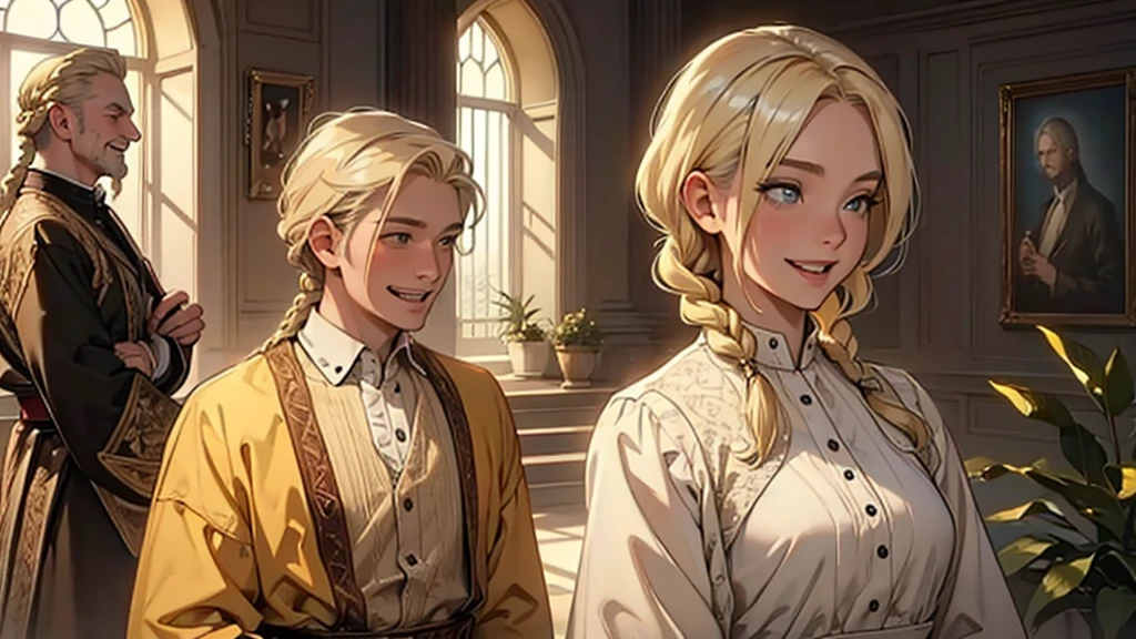 ((best quality)), ((work of art)), ((detailed)), man with short white hair, talking to woman with blonde hair in braids, woman laughing
