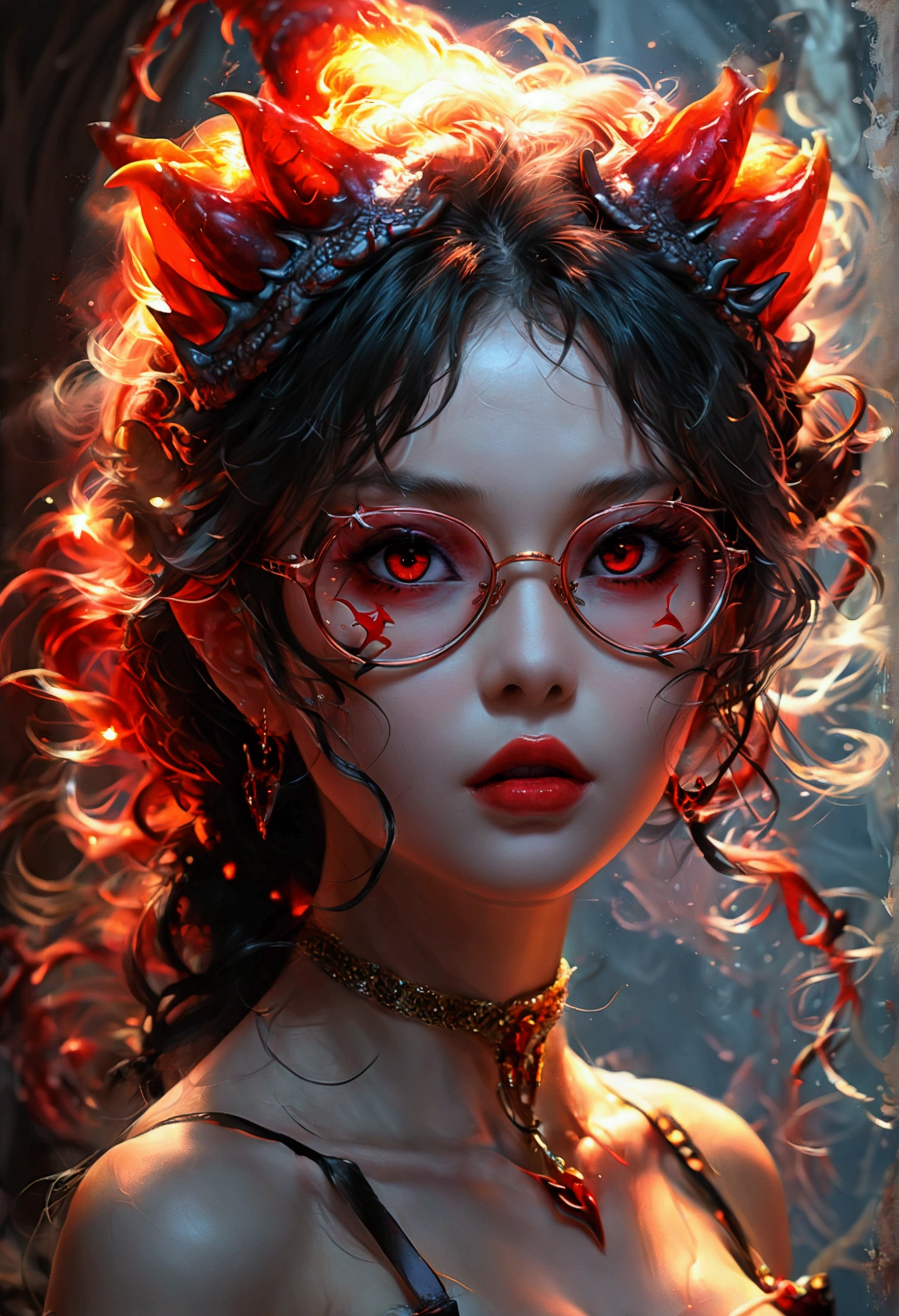 Is it OKですか、(best illustrations)、8k UHD resolution、intricate details、highest quality、realistic、Super detailed、best lighting、best shadows、soft lighting、ultra HD、超Realistic、Tyndall effect、Photoreal、(high detail skin:1.2)、 (intricate details, compensate, face to face with the children_v1:0.5), (OK, beautiful and delicate face, Is it OK, beautiful and delicate eyes, perfectly proportioned face, high resolution skins, fine skin, Optimal ratio of 4 fingers and 1 thumb, arm under chest, red tattoo on lower abdomen、wow wow, wide hips, smooth abdomen, thin and thin skin, __fashion__, __hair__:1.25)、Digital single-lens reflex camera、 absurdes、Beautiful devil woman from hell, Surreal female portraits by David Hockney and Alphonse Mucha, Portrait of a seductive woman、fantasy art, chinese doll、Chinese actress、Dungeon、dragon、devil&#39;Palace of、devil&#39;torture chamber、night、dark style 、in the dark、(detailed spooky background:0.8), magic、 1 girl、evil nun、dark necromancer、Succubus、devil&#39;Daughter of、Shinonome Umi、bat wings，(((devil&#39;Horn)))、 ((((giant glasses, otaku glasses, thick glasses, round glasses)))),(((big breasts)))、(devil&#39;tail)、(Red eyes are shining:1.6)、The red eyes are very clear and detailed, your eyes are made up so beautifully, ((red eyes:1.0)),intricate tattoo, demonic intricate tattoo, Tattoo on the thigh, body tattoo, masterpiece、the most beautiful face、baby face、cute smile、beautiful plump red lipuscular seductive body、devil&#39;seductive body、devil style、Fascinating black magic costume、(((A shiny red snake is wrapped around her body.)))、The long-haired、Braid、Black hair、Ponytail distortion、, Ponytail with a bow tied at the back of the hair, beautiful expression、body up、Big breasts emphasis、bust,  super tight chest, Breast augmentation surgery, The chest is very large and round,tight waist、wide ass、 secret key, cowboy lens, (Black Phoenix Dress: 1.0),  devil crown,  red sparkling gemstone necklace、Jewelry G Wise,  Please wear black mesh socks,wearing a 