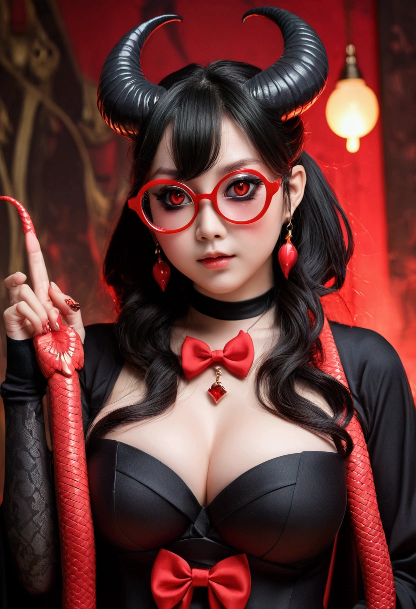Is it OKですか、(best illustrations)、8k UHD resolution、intricate details、highest quality、realistic、Super detailed、best lighting、best shadows、soft lighting、ultra HD、超Realistic、Tyndall effect、Photoreal、(high detail skin:1.2)、 (intricate details, compensate, face to face with the children_v1:0.5), (OK, beautiful and delicate face, Is it OK, beautiful and delicate eyes, perfectly proportioned face, high resolution skins, fine skin, Optimal ratio of 4 fingers and 1 thumb, arm under chest, red tattoo on lower abdomen、wow wow, wide hips, smooth abdomen, thin and thin skin, __fashion__, __hair__:1.25)、Digital single-lens reflex camera、 absurdes、Beautiful devil woman from hell, Surreal female portraits by David Hockney and Alphonse Mucha, Portrait of a seductive woman、fantasy art, chinese doll、Chinese actress、Dungeon、dragon、devil'Palace of、devil'torture chamber、night、dark style 、in the dark、(detailed spooky background:0.8), magic、 1 girl、evil nun、dark necromancer、Succubus、devil'Daughter of、Shinonome Umi、bat wings,(((devil'Horn)))、 ((((giant glasses, otaku glasses, thick glasses, round glasses)))),(((big breasts)))、(devil'tail)、(Red eyes are shining:1.6)、The red eyes are very clear and detailed, your eyes are made up so beautifully, ((red eyes:1.0)),intricate tattoo, demonic intricate tattoo, Tattoo on the thigh, body tattoo, masterpiece、the most beautiful face、baby face、cute smile、beautiful plump red lipuscular seductive body、devil'seductive body、devil style、Fascinating black magic costume、(((A shiny red snake is wrapped around her body.)))、The long-haired、Braid、Black hair、Ponytail distortion、, Ponytail with a bow tied at the back of the hair, beautiful expression、body up、Big breasts emphasis、bust, super tight chest, Breast augmentation surgery, The chest is very large and round,tight waist、wide ass、 secret key, cowboy lens, (Black Phoenix Dress: 1.0), devil crown, red sparkling gemstone necklace、Jewelry G Wise, Please wear black mesh socks,wearing a