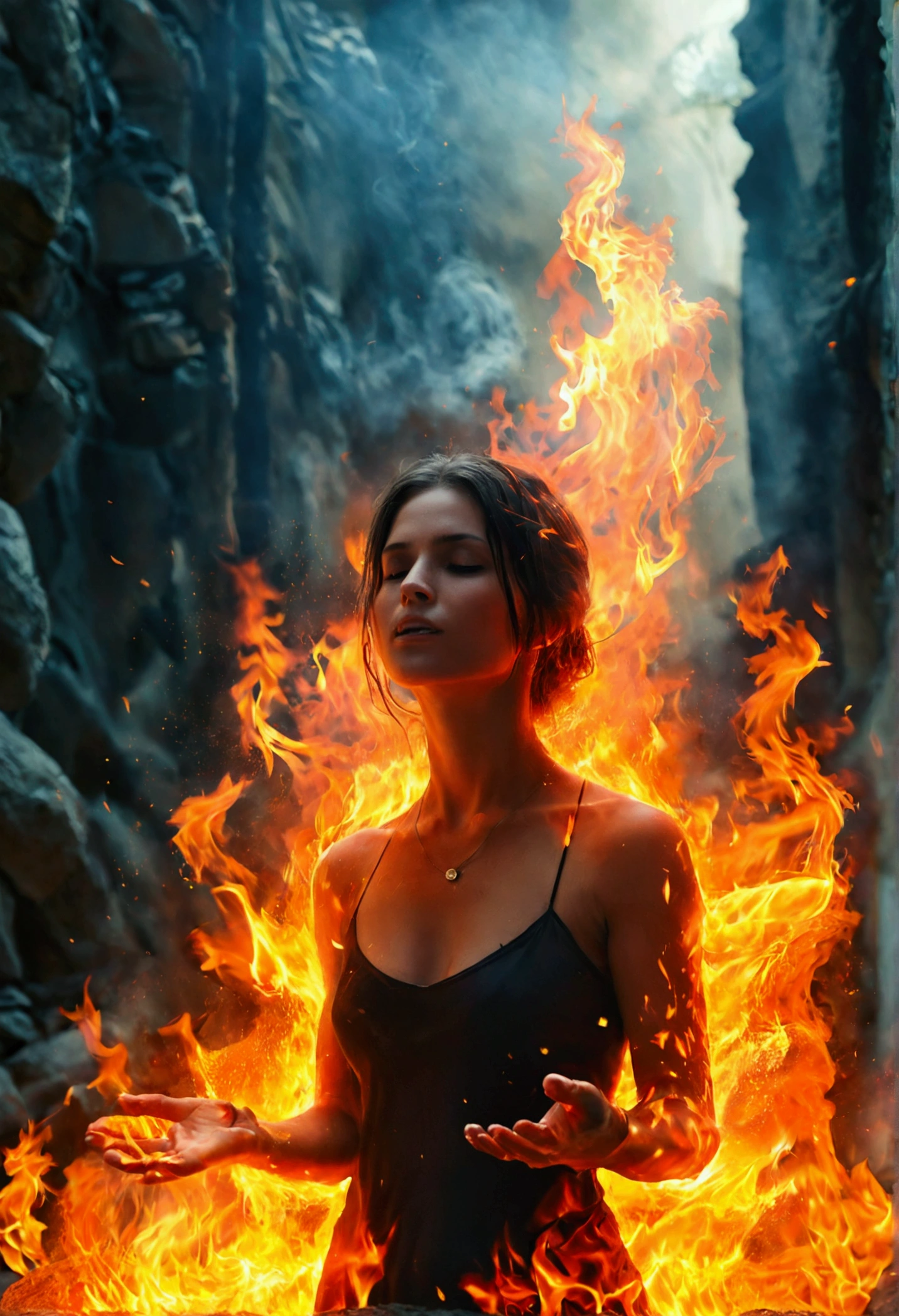 Generate an image of a person standing with open palms, where flames of fire come from. The flames must be intense and vivid, illuminating the person and the surrounding environment. The person must have a determined and powerful facial expression.