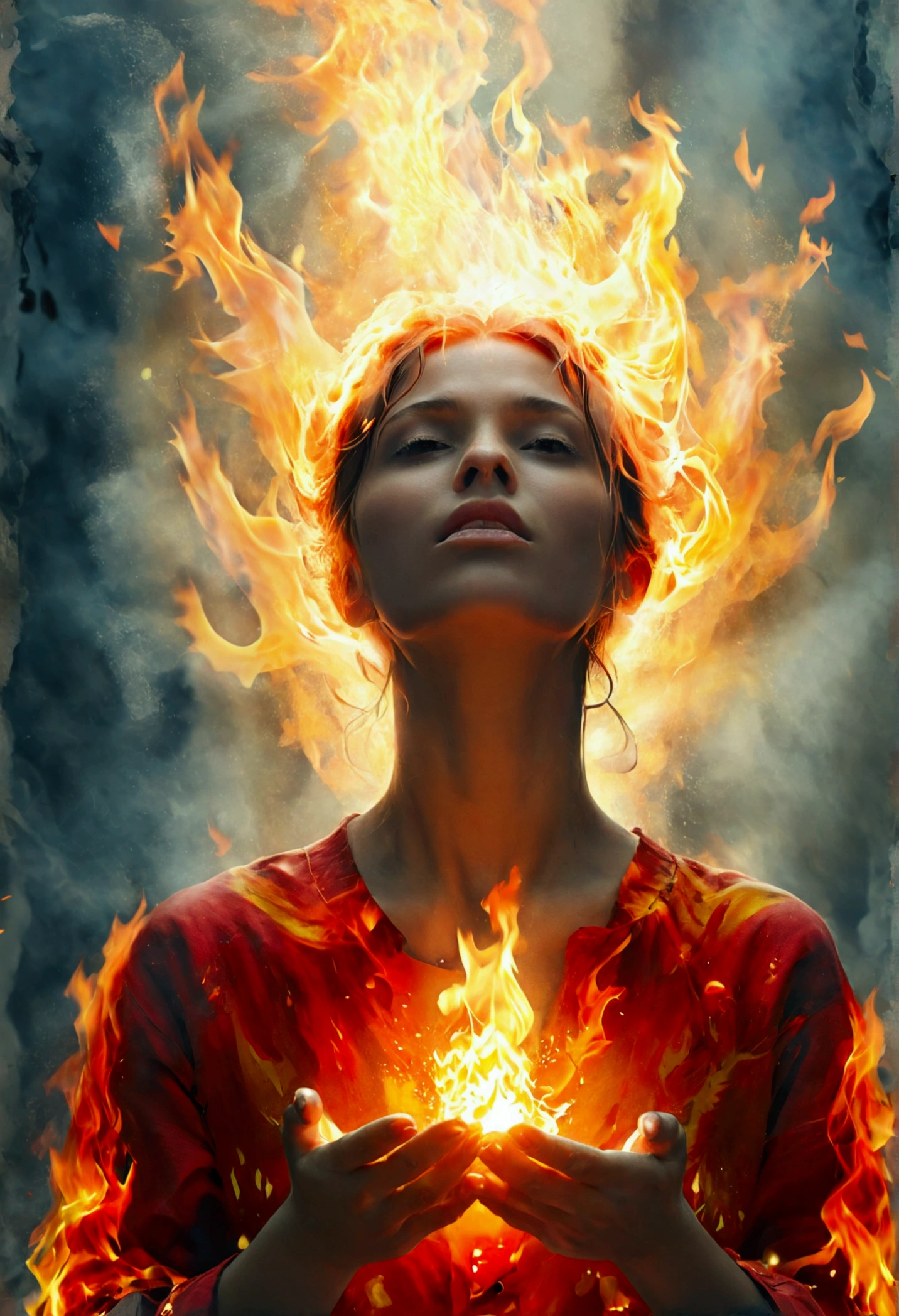 Generate an image of a person standing with open palms, where flames of fire come from. The flames must be intense and vivid, illuminating the person and the surrounding environment. The person must have a determined and powerful facial expression.