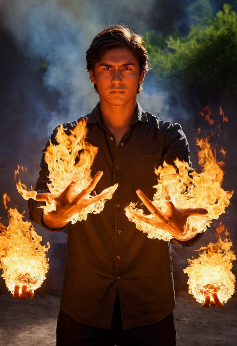 Generate an image of a person standing with open palms, where flames of fire come from. The flames must be intense and vivid, illuminating the person and the surrounding environment. The person must have a determined and powerful facial expression.