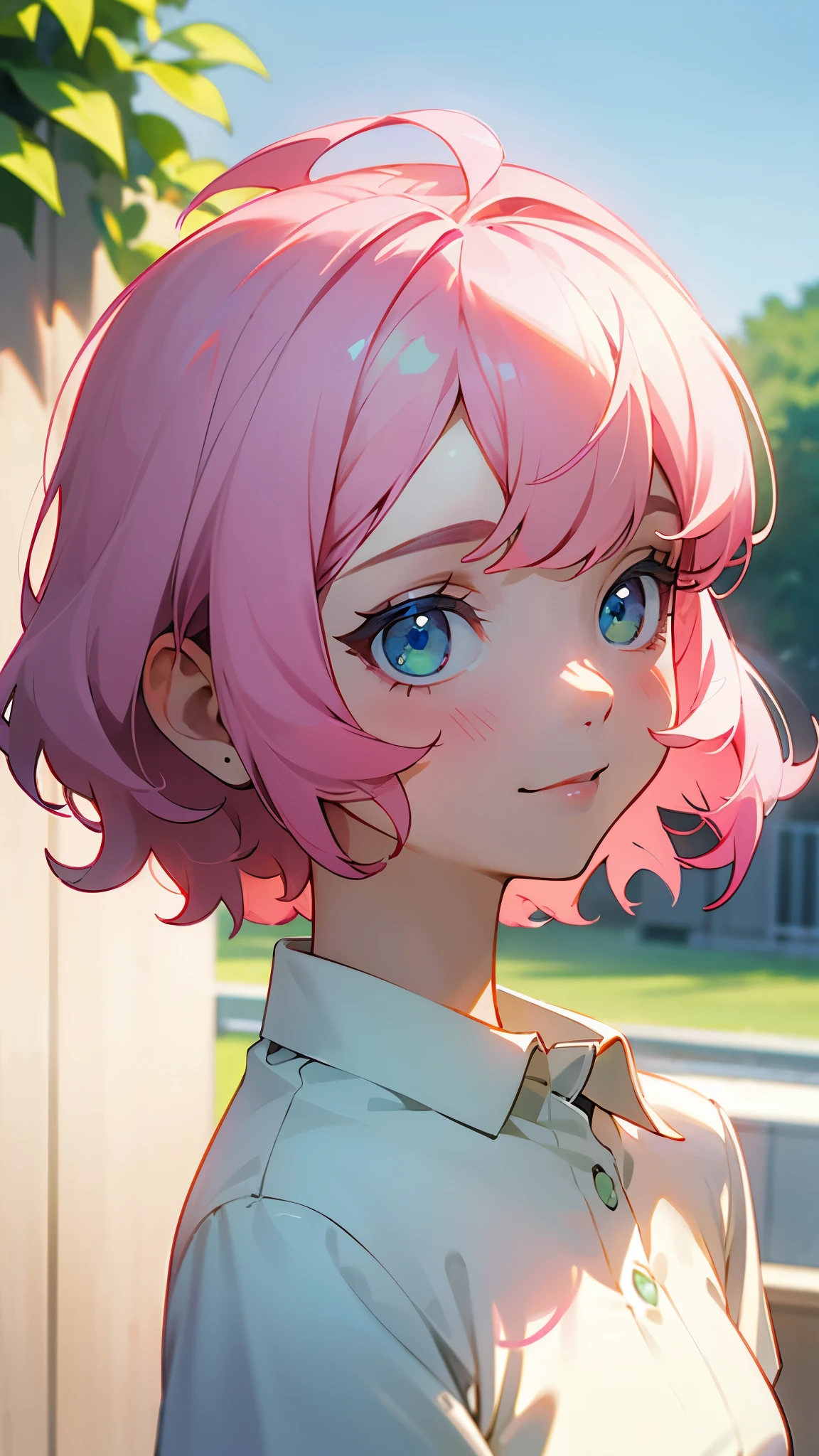 １girl、Trypophobia Eyes、Pink Hair、short hair、bangs、Green Eyes、Beautiful Eyes、White polo shirt、smile、profile、Face close-up、Morning Cafe Terrace、Background blur, Written boundary depth