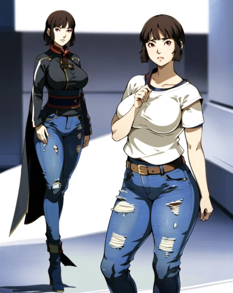 masterpiece, tight denim pants, chubby but small breasts, very thick legs++, Full body+, Solo, Realistic, Swollen face, Japanese face, Moderately fat body type+, 1 woman, wide shoulder, T-shirt,  Denim pants, thick thighs, Thick waist++, low rise black denim pants, Small breasts and fat and short leg, Muchimuchi body

sfw,  (masterpiece), (best quality:1.0), (ultra highres:1.0), detailed eyes, 1girl, solo, standing
brownish red eyes, smtdoistyle, simple background, 
