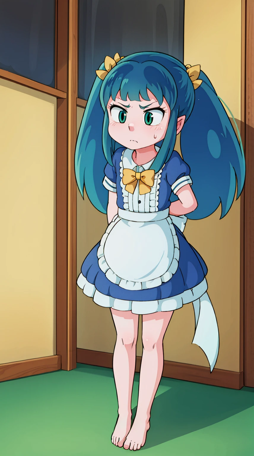 Lum, 1girl, long hair, hiquality, tmasterpiece (teenage girl, housemaid) Sweet face, frowning, indifferent face, dark smooth short hair. Green eyes, maid outfit, bare feet. In the background of the room. gloomily. wave mouth.