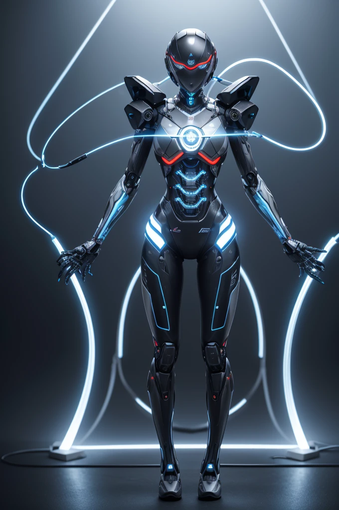 a 3 meter robotic being, thin frame, almost skeletal, with thin and flexible metallic wires that run throughout your body. These wires are like exposed nerves that snake through your body, shining with a cold, bluish light. Its body is covered with multiple robotic eyes of different sizes providing 360-degree vision., scattered irregularly, providing you with an almost omnipresent view. The Aegis-9's head is a bizarre mix of metal components and cables that look like "metallic beards". And the two main eyes being bizarre,with being semi closed.