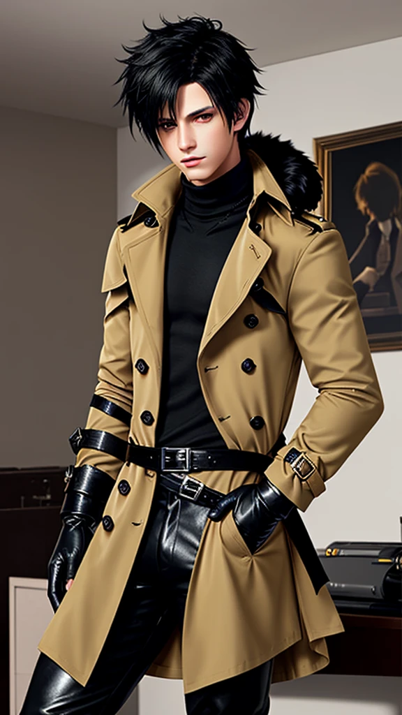 Final fantasy taste and reality graphics, Japanese young cute and cool ikemen boy, his age is early 20s, thin eyebrows and beady eyes, he wearing orange beige color double brest very thick trench coat, with a black color neck fur.,neck fur is black color, must black neck fur,
Must tighten your belt of coat, with epaulet, must close the front of the trench coat,, must trench coat cloth the front, also wearing black very thick turtleneck lackluster shirts, tight black leather pants, shiny black leather tight and must put on a thin leather glove both hands, black leather knee-high raceup boots,must views head-to-toe,must views whole body, boy looks like fashion model,Do not show skin from the neck down,leather jacket leather glove and leather pants have few wrinkles,boy in the room,,Avoid showing your innerwear,must close trench coats waist belt.