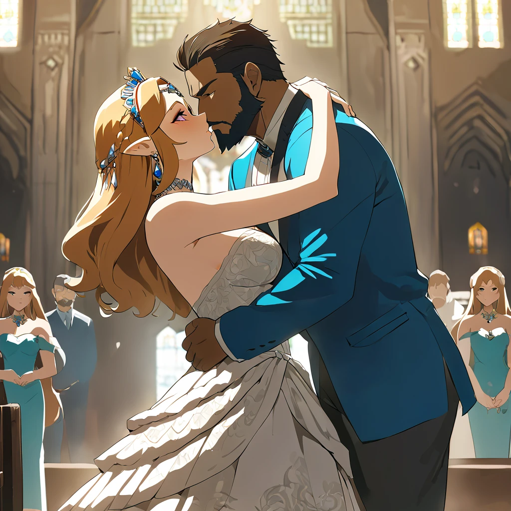 ((Highest quality)), ((masterpiece)), (detailed), (Perfect Face)、The woman is Princess Zelda, wearing a gorgeous Gerudo wedding dress.、The man is a dignified, middle-aged Gerudo man named Ganondorf, with a beard, muscular red hair and dark skin, and is dressed in the royal attire of the Gerudo.、In the gorgeous Gerudo church, a man and woman embrace each other, kiss each other, and make love to each other in a wedding ceremony.