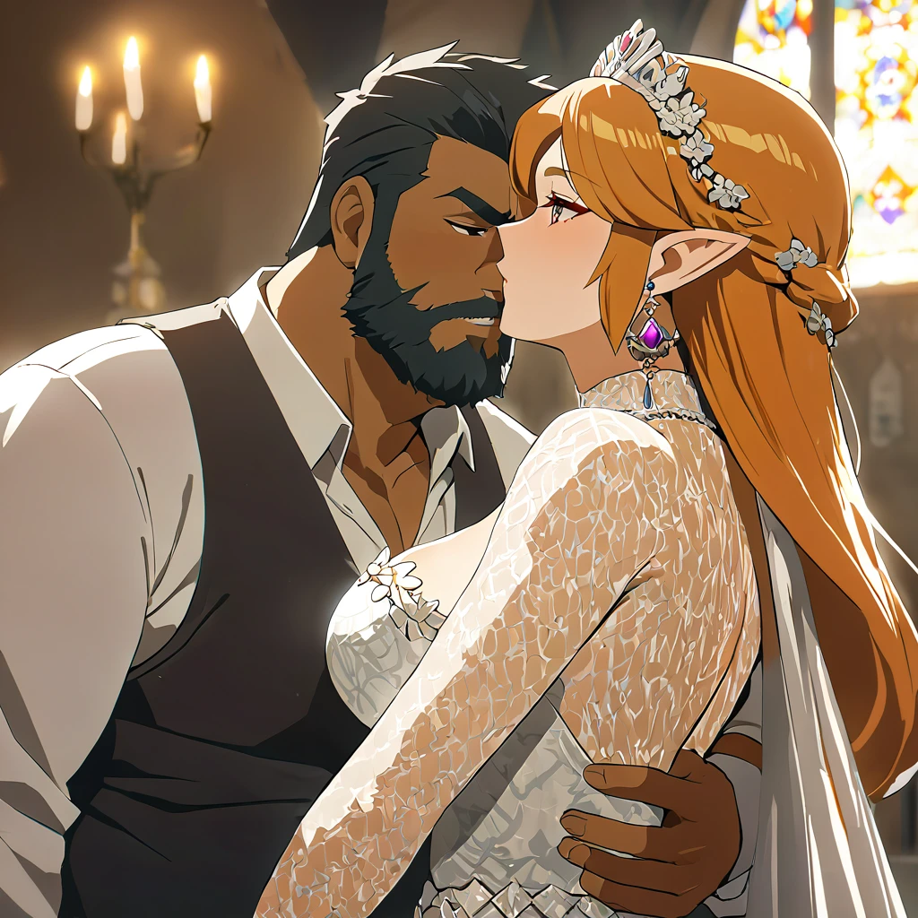 ((Highest quality)), ((masterpiece)), (detailed), （Perfect Face）、The woman is Princess Zelda, wearing a gorgeous Gerudo wedding dress.、The man is a dignified, middle-aged Gerudo man named Ganondorf, with a beard, muscular red hair and dark skin, and is dressed in the royal attire of the Gerudo.、In the gorgeous Gerudo church, a man and woman embrace each other, kiss each other, and make love to each other in a wedding ceremony.