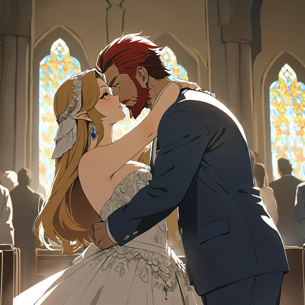 ((Highest quality)), ((masterpiece)), (detailed), (Perfect Face)、The woman is Princess Zelda, wearing a gorgeous Gerudo wedding dress.、The man is a dignified, middle-aged Gerudo man named Ganondorf, with a beard, muscular red hair and dark skin, and is dressed in the royal attire of the Gerudo.、In the gorgeous Gerudo church, a man and woman embrace each other, kiss each other, and make love to each other in a wedding ceremony.