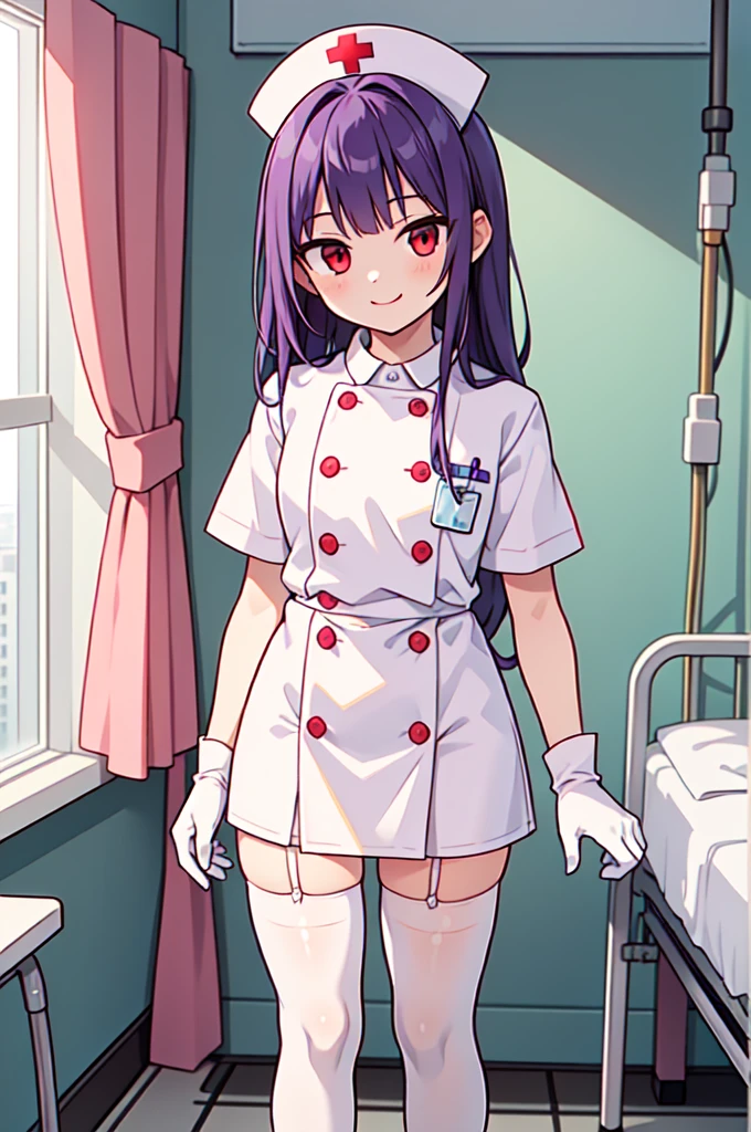 1boy, solo, male focus, nurse, white nurse cap, white nurse uniform, ((white legwear, zettai ryouiki)), white gloves, long hair, purple hair, red eyes, smile, standing, ((hospital room)), sharp outline, short sleeves, shota, 12 years old, best quality, masterpiece
