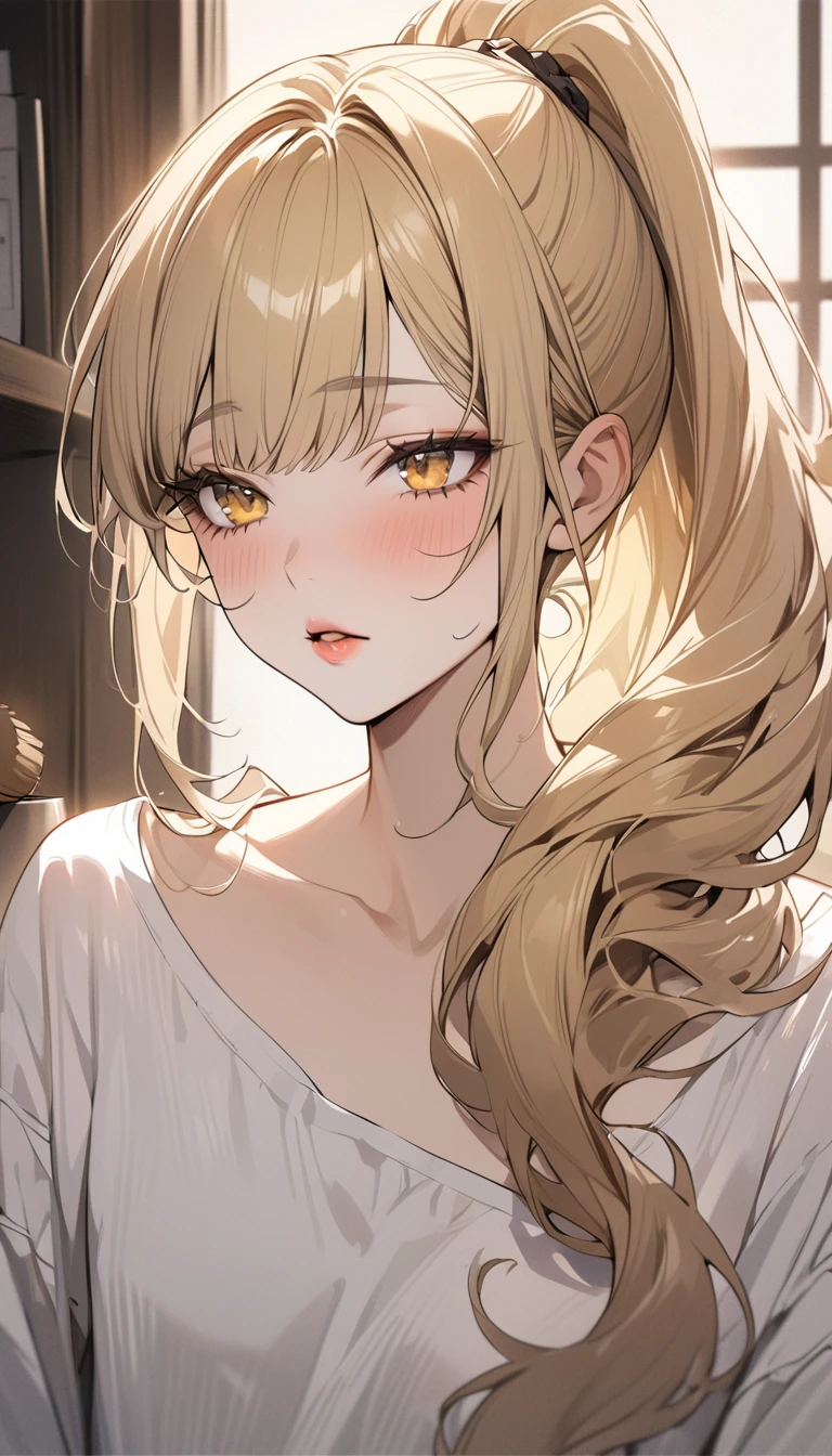 Highest quality　masterpiece　High resolution　Long blonde hair　　ponytail　Character Portrait　Yellow Eyes　Pale pink lips　Fluffy body　indoor　Sleepy face　brush teeth