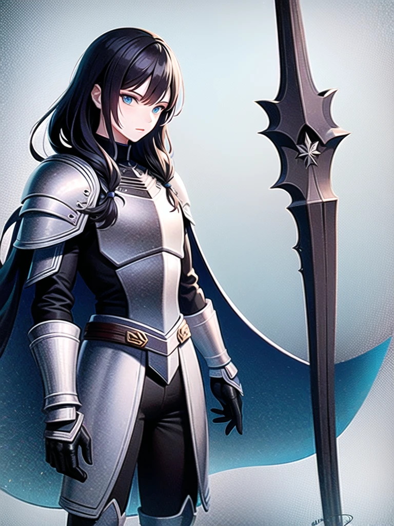 (masterpiece, top quality, best quality, official art, beautiful and aesthetic:1.2), (1guy), knight, black hair, blue eyes, (black armor:1.3), black cape with stars, serious look, holding a black greatsword, stars in background, extreme detailed,(fractal art:1.3),colorful,highest detailed