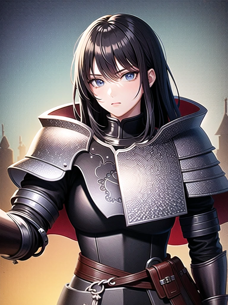 (masterpiece, top quality, best quality, official art, beautiful and aesthetic:1.2), (1guy), knight, black hair, blue eyes, (black armor:1.3), black cape with stars, serious look, holding a black greatsword, stars in background, extreme detailed,(fractal art:1.3),colorful,highest detailed