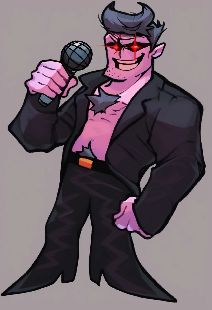 daddy_dearest, solo, smile, short hair, simple background, shirt, black hair, red eyes, long sleeves, 1boy, holding, jacket, male focus, open clothes, belt, pants, black jacket, facial hair, black pants, microphone, holding microphone, purple skin, chest hair, full body