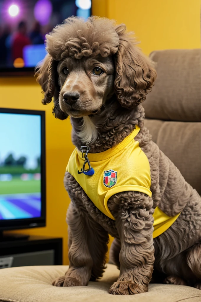 gray poodle breed dog, called " HONEY ", with Colombia shirt marked with the name "HONEY", watching the football match on television