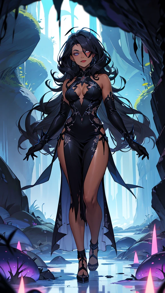 Maokai if he were a woman in life, tree, dark islands, mist, beautiful garment, wooden ornament, blue aura, nature spirit, consumed by anger, embodies vengeance, wicked, angry face, sparkling turquoise eyes, black outfit with turquoise sparkles.