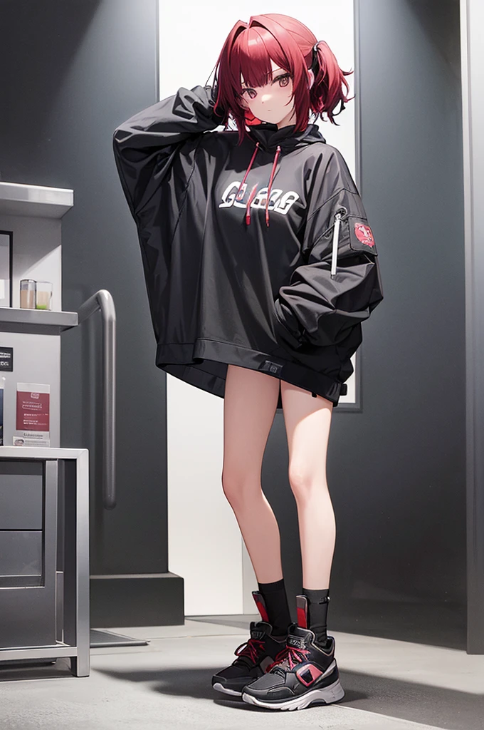 best quality, 1girl, cool, two tone colors black on the outside of the hair red hair inside, standing, fullbody, toe, blunt bangs, shaggy cut