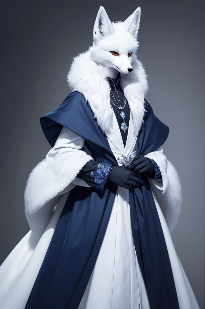 An art of an anthropomorphic character, it is a male fox with white fur, it is thin and elegant, with silver jewelry and regal clothing for cold weather (In a more Nordic style), Dark blue in color with black and white details, its eyes are sapphire blue and its white fur is sparkling like crystal.