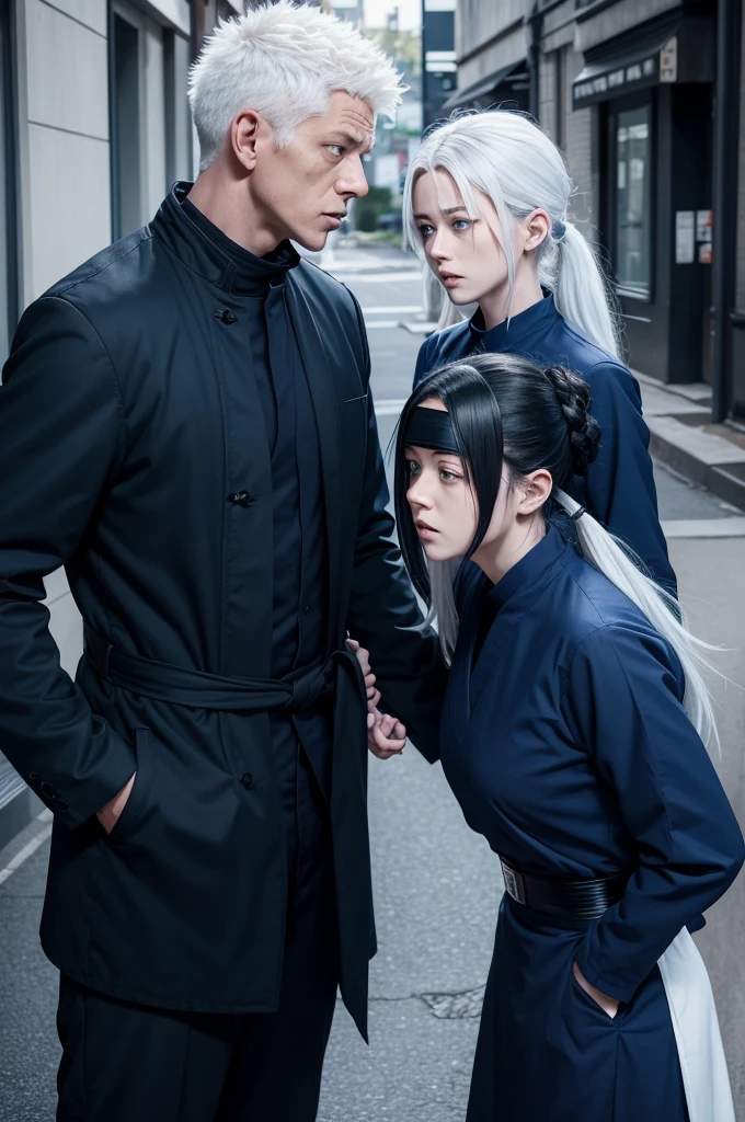 jujutsu Kaisen scene of a female with hair and a blue eyes. she is wearing jujutsu no kaisen dark blue uniform, she is talking to a tall man with white hair with a black blindfold on his eyes wearing the dark blue jujutsu uniform, he is Gojo Satoru 