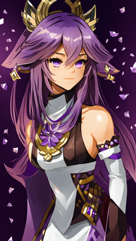 Young woman, Amethyst gem hair, purple lynx ears, purple lynx tail, large bust,