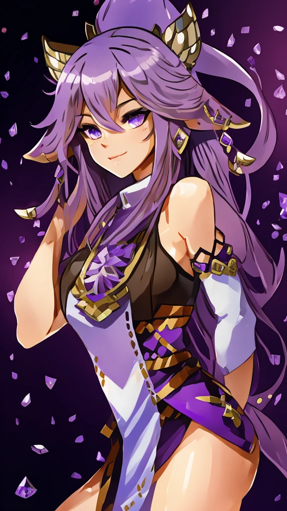 Young woman, Amethyst gem hair, purple lynx ears, purple lynx tail, large bust,