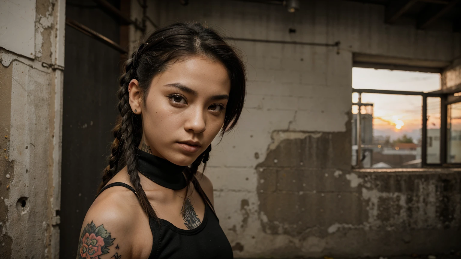 stylized artwork of soft filter. grunge filter. photorealistic. 8k. cinematic, very high resolution. maximum resolution. ultra realistic. unique beautiful face, realistic face, retro grunge photo ascetic. grunge city wall graffiti., full-body-tattooed. black-dreadlocks teen cute sexy asian girl, in marijuana buds, skimpy small red gym outfit. sunset
