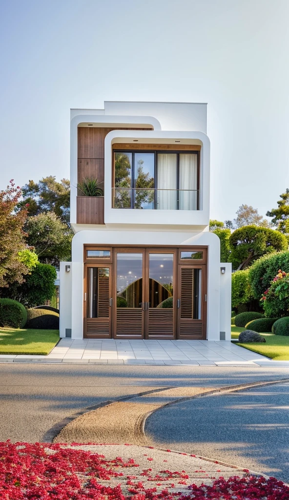 PLATEFORME KTHOUSE, Beaucoup de belles fleurs rouges le long de la route:1.3, romantique, 1 maison de style néoclassique, La maison de ville est faite de murs blancs, belle lumière, journée de beauté, ensoleillé, Beaucoup de bougainvilliers rouges le long de la route:1.3, belle sensation de jeunesse :1.2, soleil à midi, Très belles ombres, 