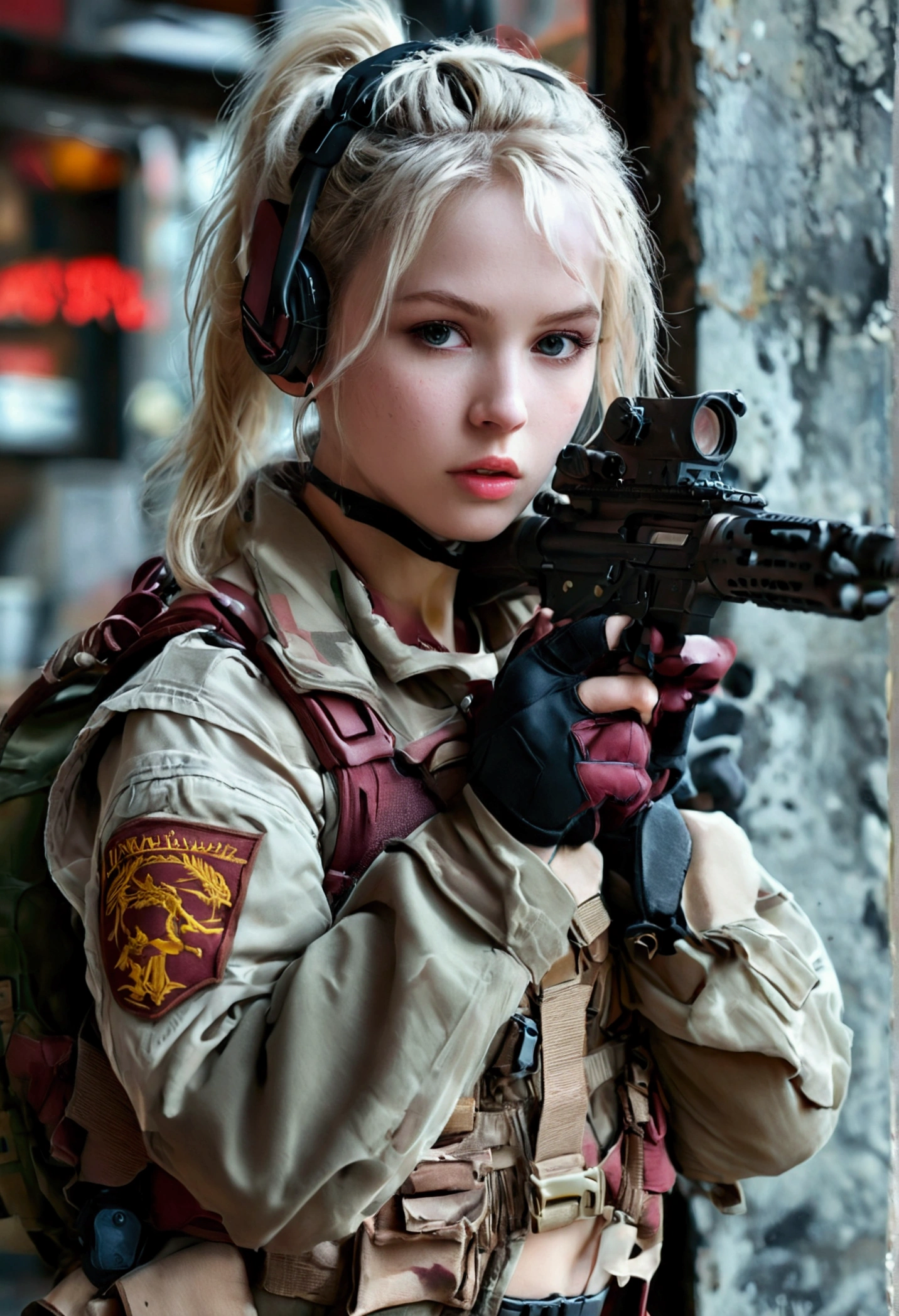 ((best quality)), photorealistic, Photorealism, Photorealistic, high resolution, 1girl aiming with an assault rifle, Beautiful, Baby Face, 20 Years Old, White Skin, pale skin, Large Breasts, huge breast,nude,visible vagina, Combat pose, looking at the camera, (Detailed face), ponytail hair, sexy body, (wearing maroon cardigan and skirt, tactical vests, military harness, black gloves, high-tech headset), cloths color based on maroon), revealed thigh, gun, Fingers are occluded, concrete cafe background,Low-cut,
