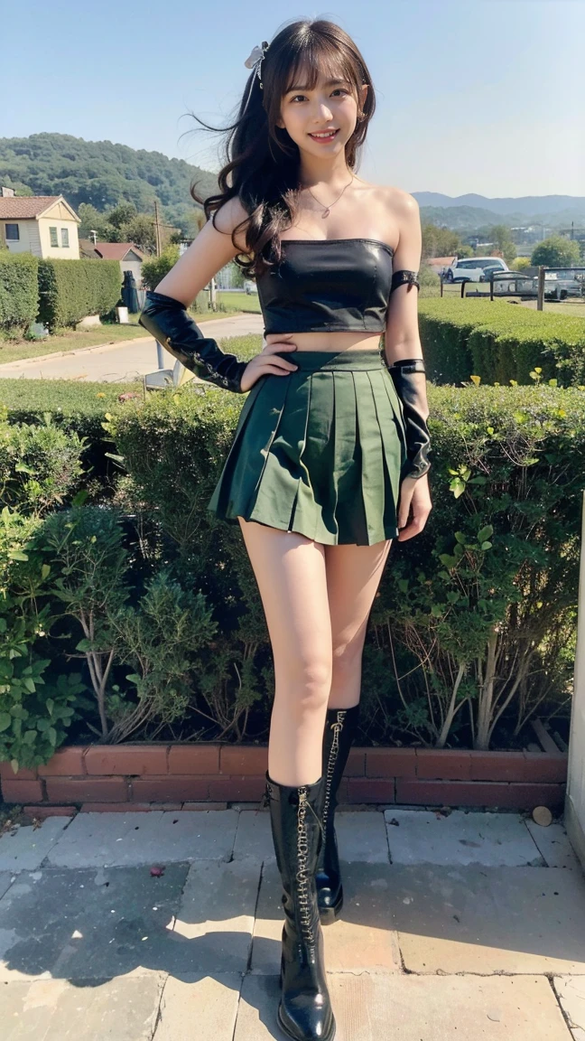 (8K、RAW Photos、Highest quality、masterpiece:1.2)、(Highest quality、Realistic)、1 Girl、((Tube top、mini skirt、Idol Costume、ribbon、Medium Hair、See-through、smile、Green and black、Thin legs、whole body、boots、garden、View from the front、Looking into the camera、Stand with hands on hips))、cute