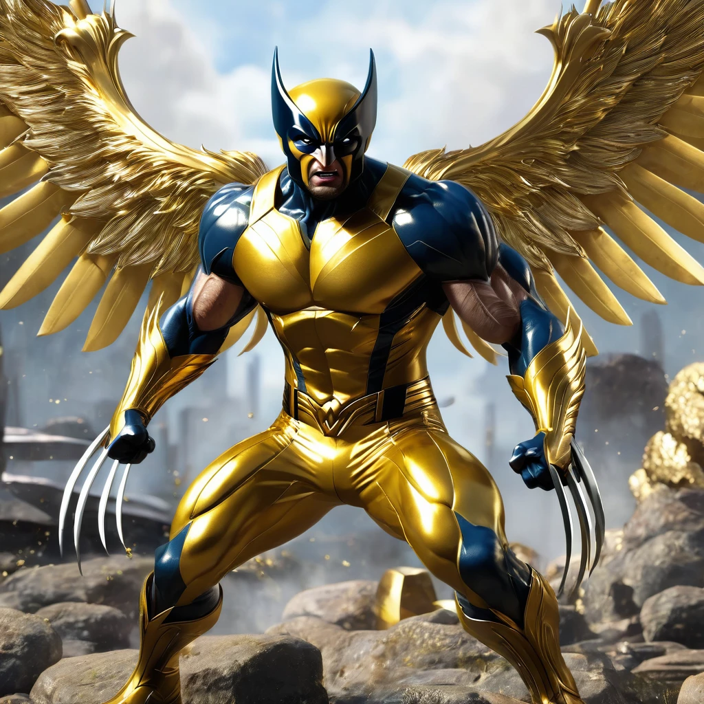 Wolverine with wings and gold costume, detailed roasts, detailed costume, huge muscles detailed, 8 k quality