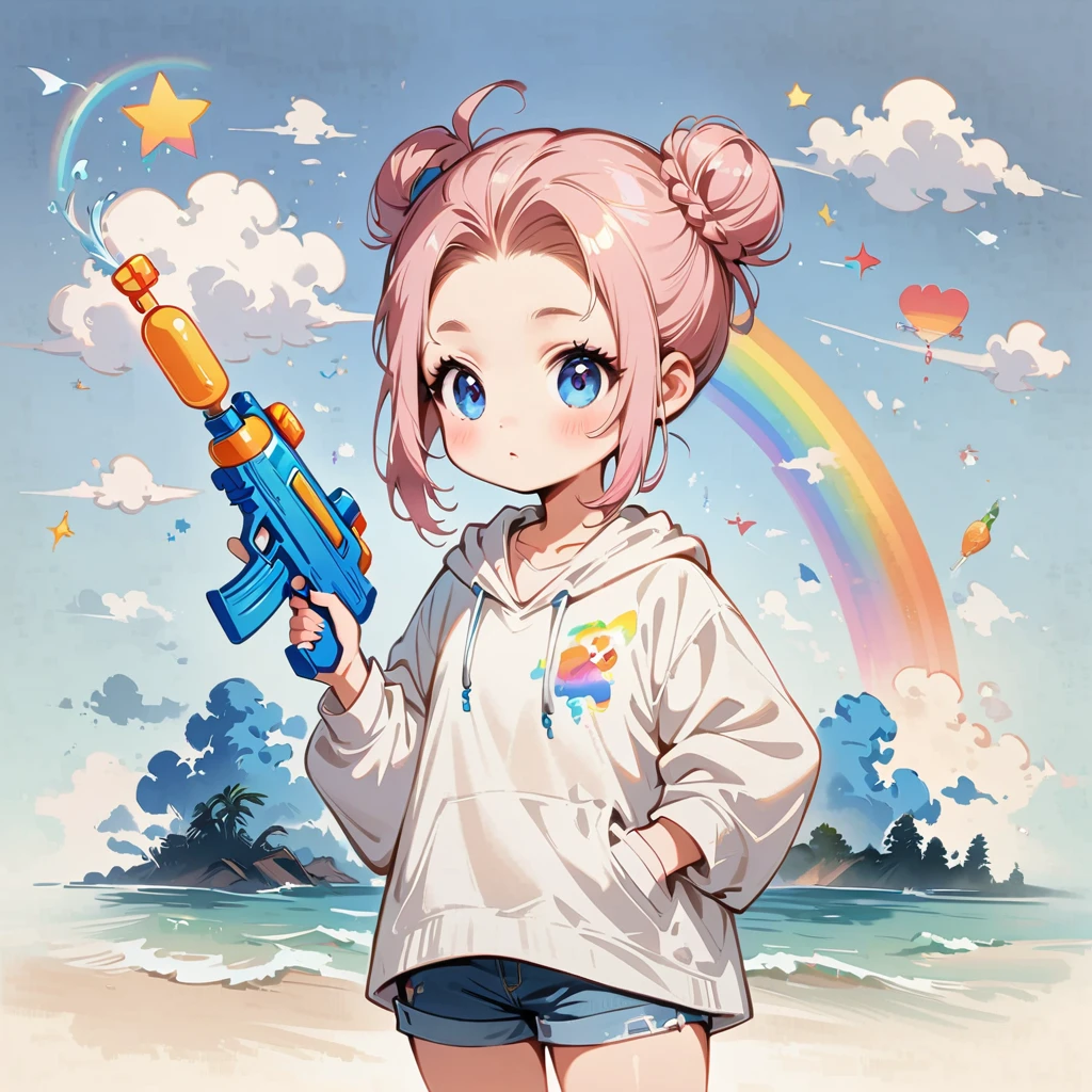Wearing short jeans pants、Girl with pale pink hair、Forehead exposed and bun hairstyle、Paint a rainbow on a blue sky background、Play with a water gun、Cartoon style character design,interesting,interesting,Clean Lines