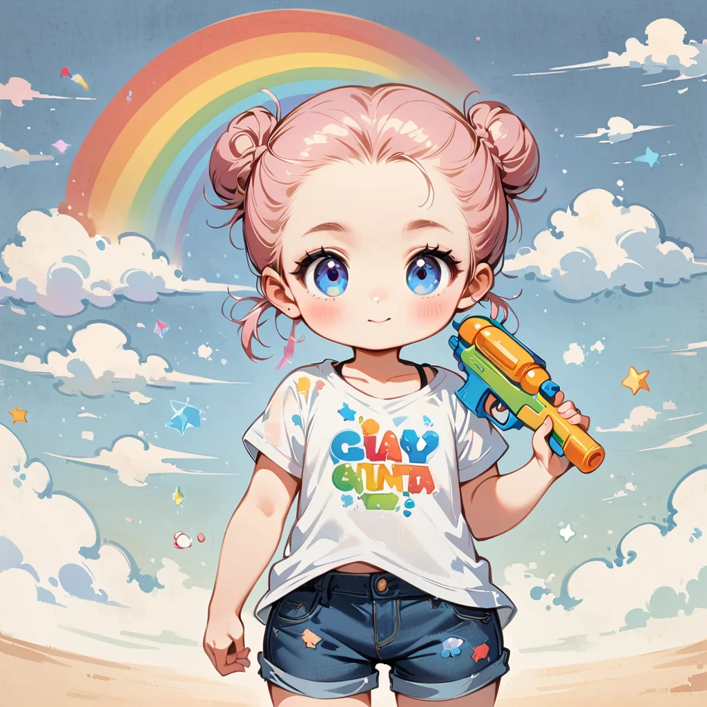 ピンクの鯨、Light blue short hair、Camisole、Wearing short jeans pants、Forehead exposed and bun hairstyle、Paint a rainbow on a blue sky background、Play with a water gun、Cartoon style character design,interesting,interesting,Clean Lines