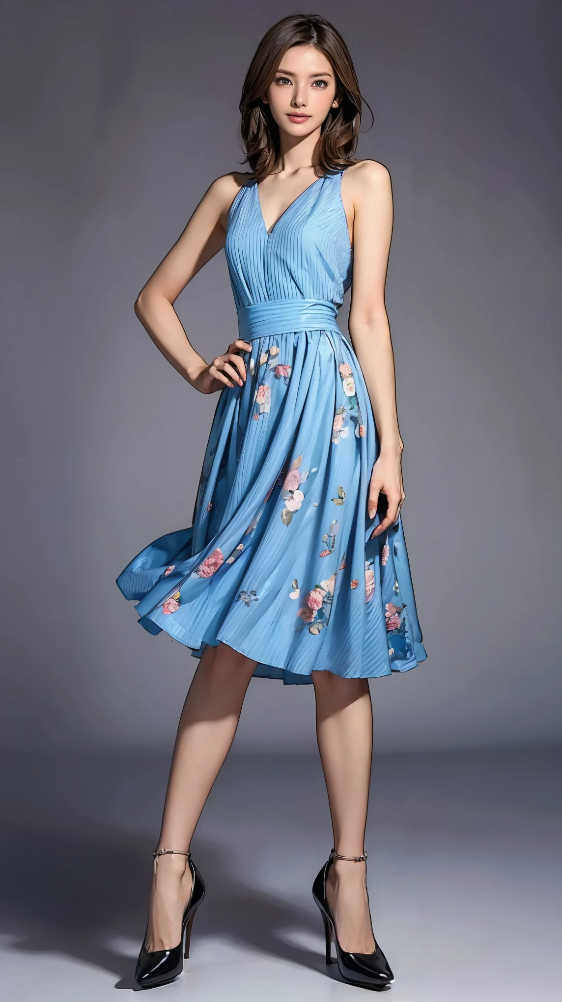 ((masterpiece)),(((Highest quality))),Thin thighs,Long legs,whole body:1.5,(One Girl:1.3),(Black high heels:1.3),(Wearing a floral striped mid-long flared skirt dress:1.2),Short blonde hair:1.2、Model pose standing with legs apart:1.5,Bright expression:1.5