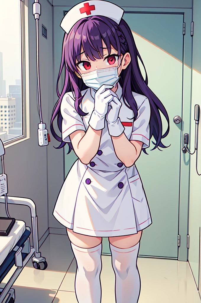 1boy, solo, male focus, nurse, white nurse cap, white nurse uniform, ((white legwear, zettai ryouiki)), white gloves, long hair, purple hair, red eyes, ((white surgical mask, covered nose)), standing, ((hospital room)), sharp outline, short sleeves, shota, , best quality, masterpiece