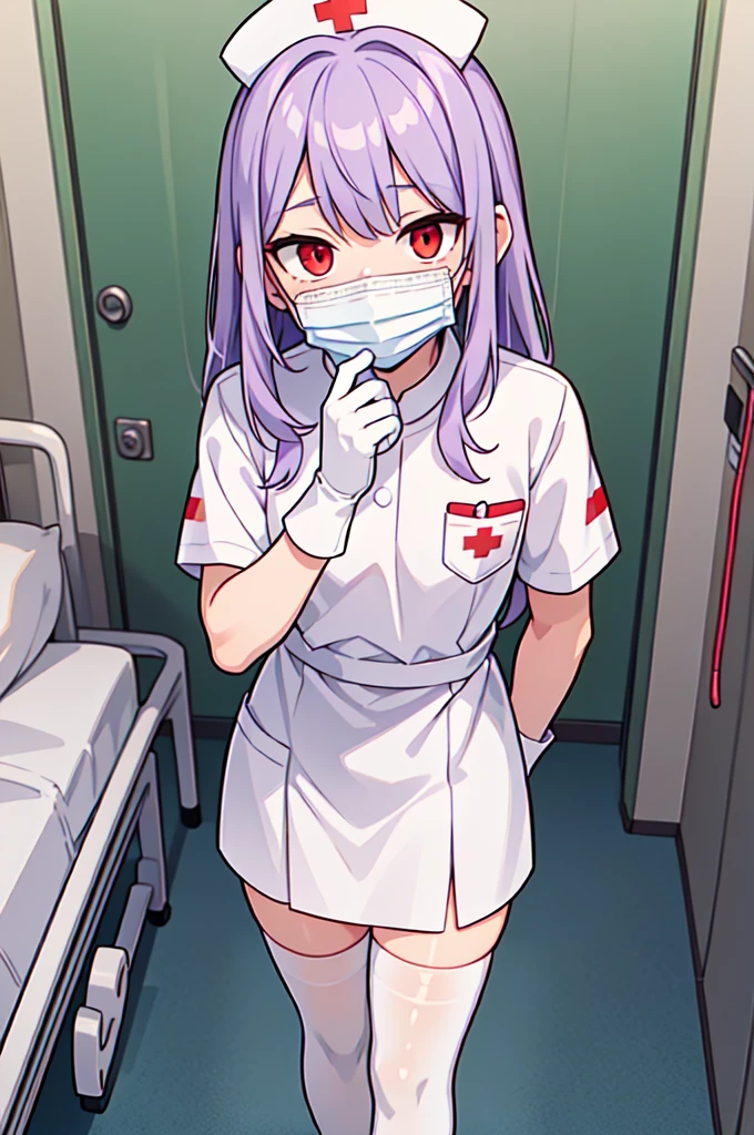 1boy, solo, male focus, nurse, white nurse cap, white nurse uniform, ((white legwear, zettai ryouiki)), white gloves, long hair, purple hair, red eyes, ((white surgical mask, covered nose)), standing, ((hospital room)), sharp outline, short sleeves, shota, 12 years old, best quality, masterpiece