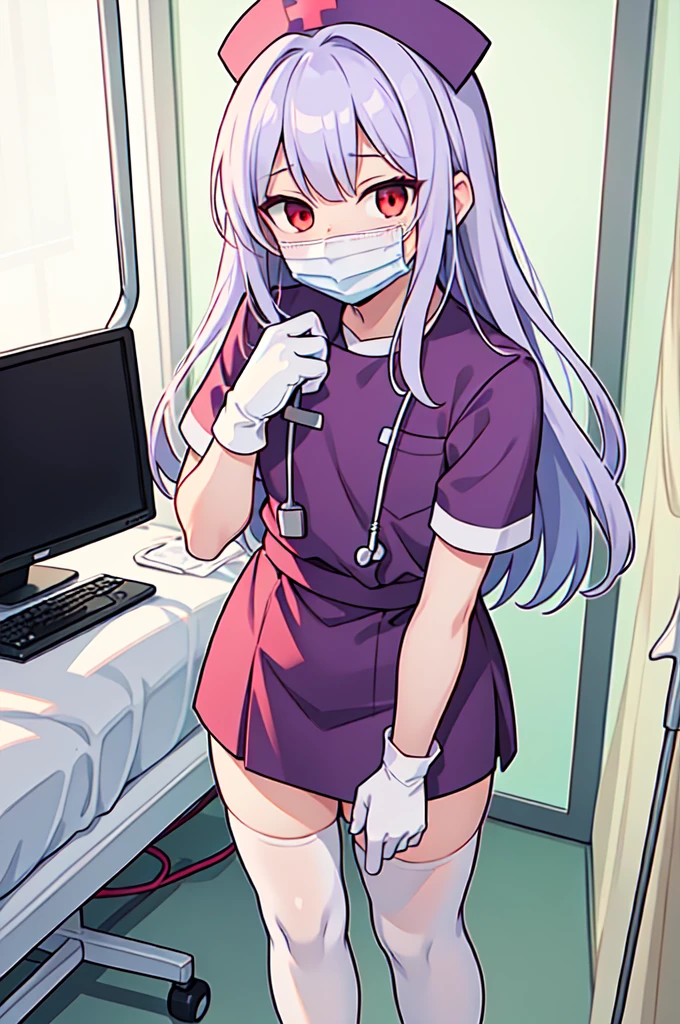 1boy, solo, male focus, nurse, white nurse cap, white nurse uniform, ((white legwear, zettai ryouiki)), white gloves, long hair, purple hair, red eyes, ((white surgical mask, covered nose)), standing, ((hospital room)), sharp outline, short sleeves, shota, , best quality, masterpiece