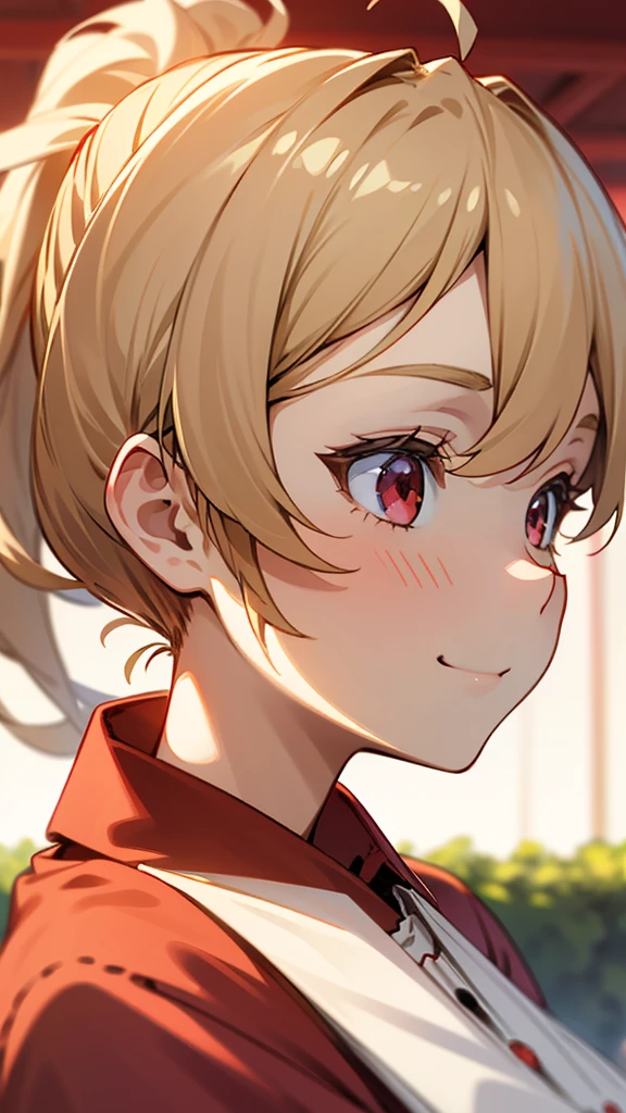 1girl、blonde、ponytail、Round red eyes、Ahoge、red blouse shirt、smile、profile、Face close-up、Morning Cafe Terrace、Background blur, Written boundary depth
