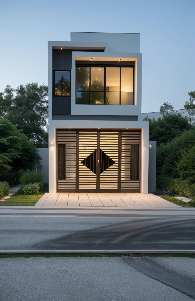 1 morden house, cofe space:1.4, main material by white wall and wood, large yard, 1 road runs in front of the house, (RAW photo, real, best quality, masterpiece:1.2), look morden minimalist, 1 road in front of the house, shime ring light, light brighteness from indoor:1.2, dynamic lighting:1.3, (hyper realistic, photo-realistic:1.2), high quality, (dark lighting:1.2), perfect lighting, archdaily