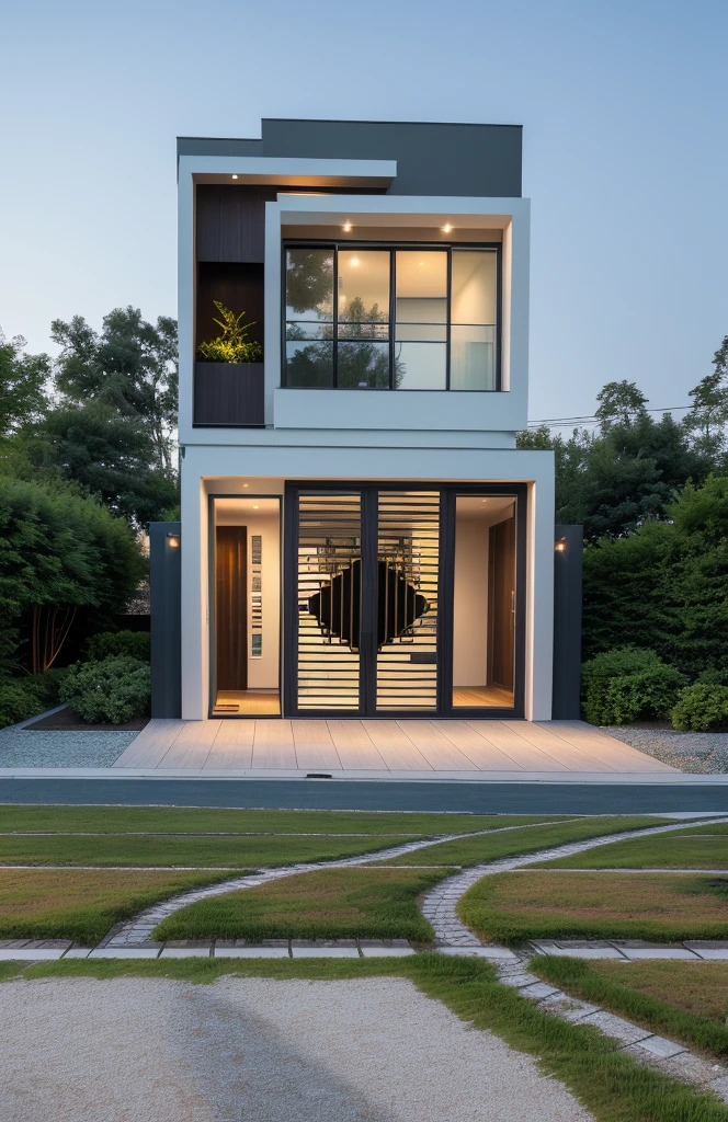 1 morden house, cofe space:1.4, main material by white wall and wood, large yard, 1 road runs in front of the house, (RAW photo, real, best quality, masterpiece:1.2), look morden minimalist, 1 road in front of the house, shime ring light, light brighteness from indoor:1.2, dynamic lighting:1.3, (hyper realistic, photo-realistic:1.2), high quality, (dark lighting:1.2), perfect lighting, archdaily