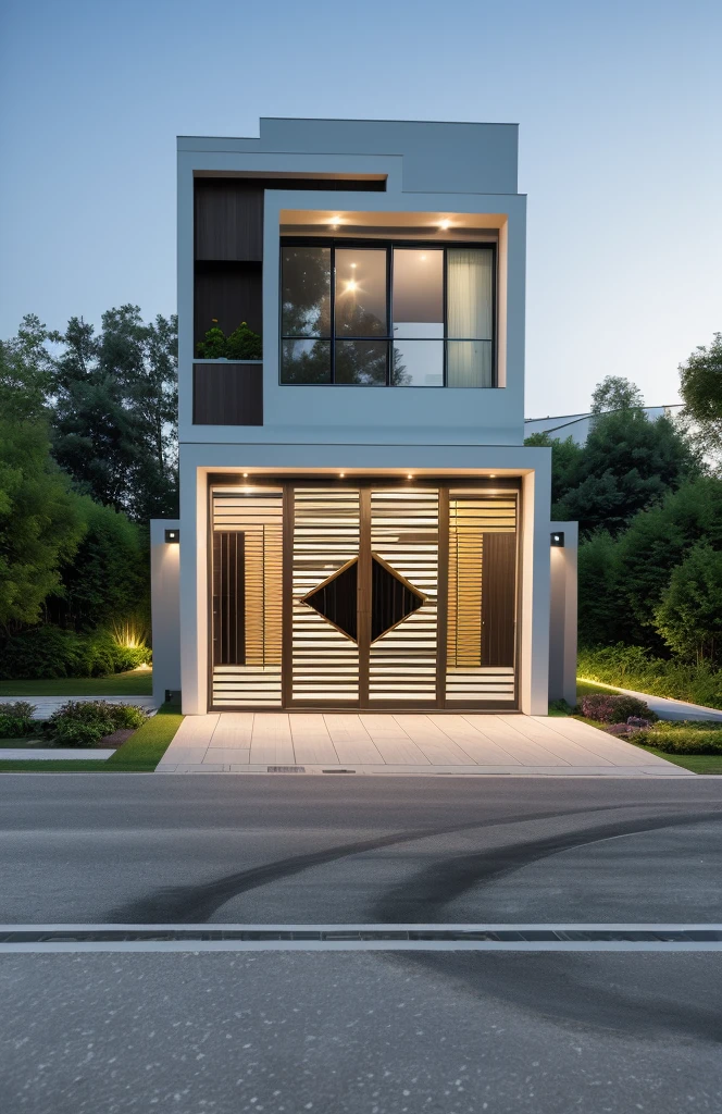 1 morden house, cofe space:1.4, main material by white wall and wood, large yard, 1 road runs in front of the house, (RAW photo, real, best quality, masterpiece:1.2), look morden minimalist, 1 road in front of the house, shime ring light, light brighteness from indoor:1.2, dynamic lighting:1.3, (hyper realistic, photo-realistic:1.2), high quality, (dark lighting:1.2), perfect lighting, archdaily